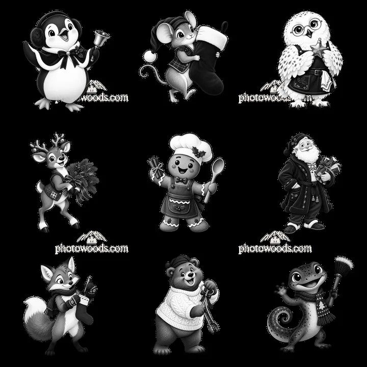 Christmas animals celebrating near a fireplace in monochrome style - AI-generated stock image