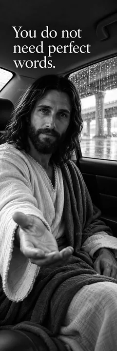 Jesus Christ extends a hand in a car during a rainy day - AI-generated stock image