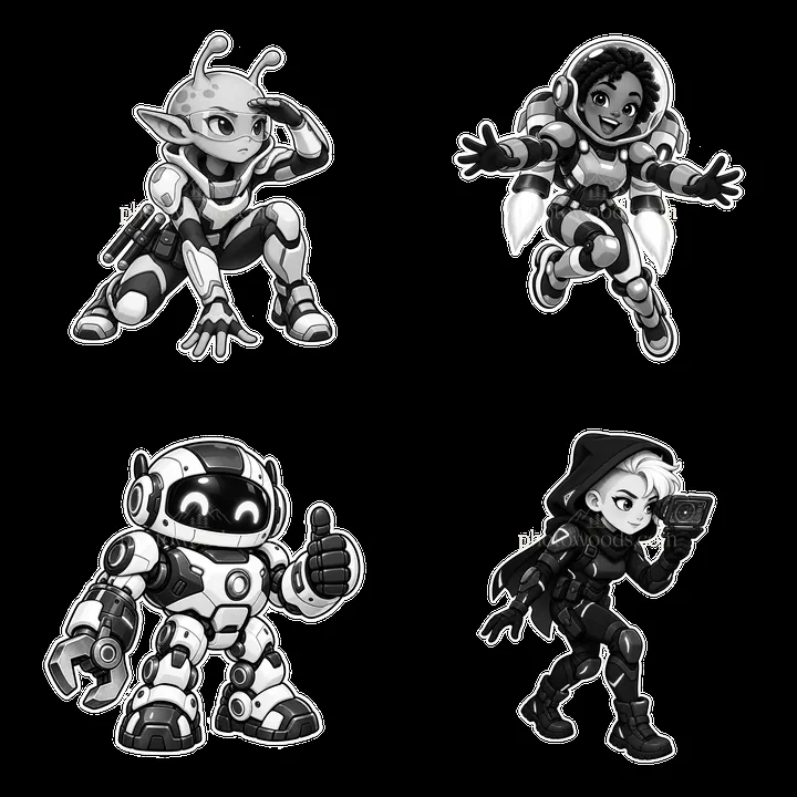 Kawaii futuristic super-soldiers in black and white illustration - AI-generated stock image