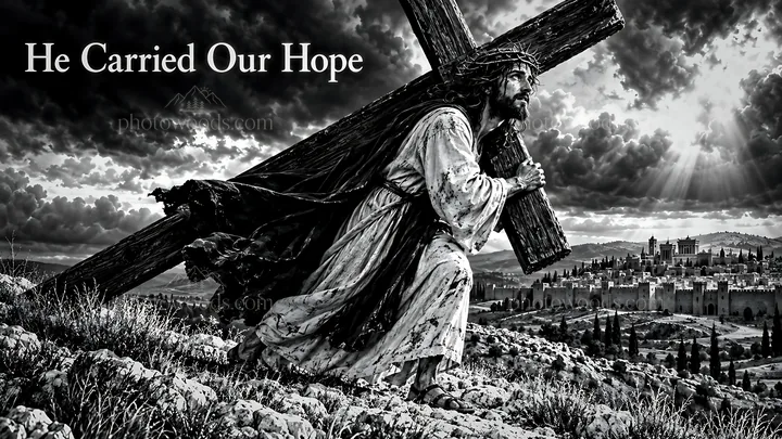 He carried our hope while walking through a rugged landscape - AI-generated stock image