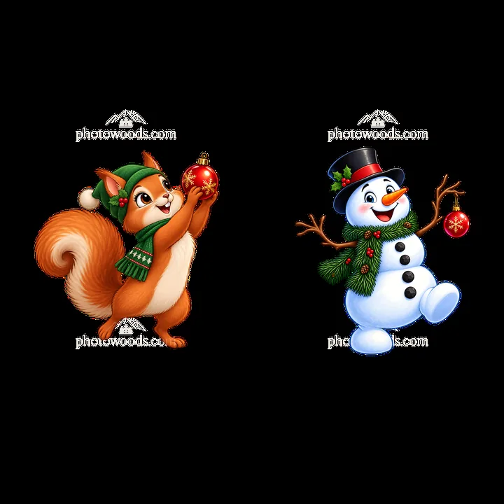 Squirrel and snowman with Christmas ornaments for holiday fun - AI-generated stock image