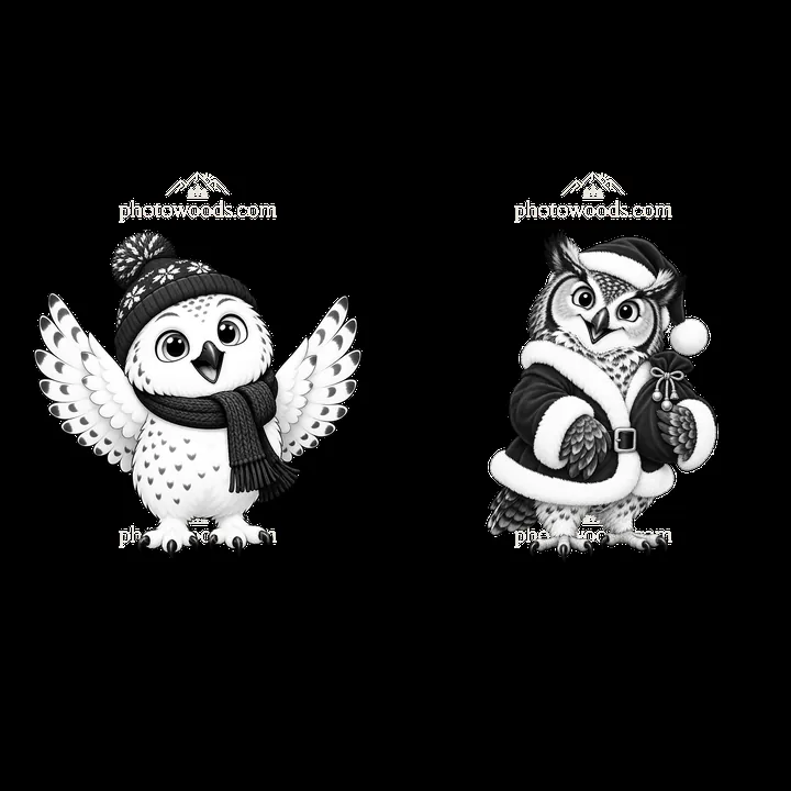 Christmas owls in winter attire with festive accessories - AI-generated stock image