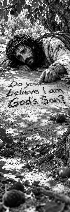 Jesus Christ writing in the sand with a question about faith - AI-generated stock image