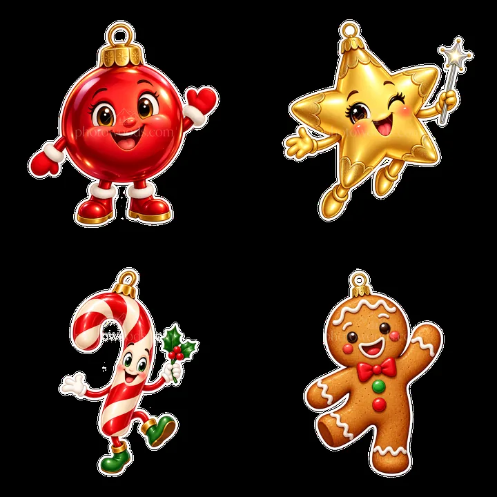 Colorful cartoon Christmas ornaments with fun characters - AI-generated stock image