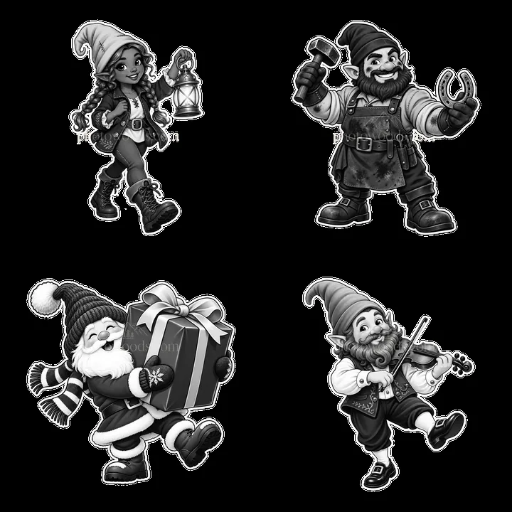 Gnome characters in playful actions holding gifts and tools - AI-generated stock image