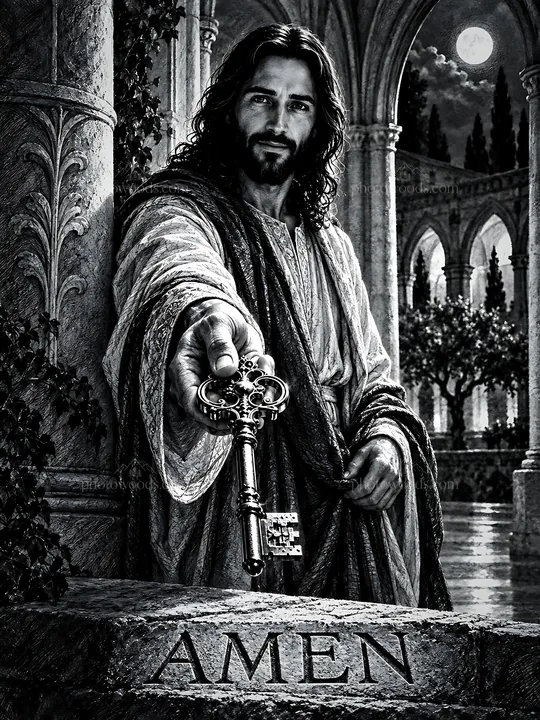 Key held in hand at moonlit cloister - AI-generated stock image