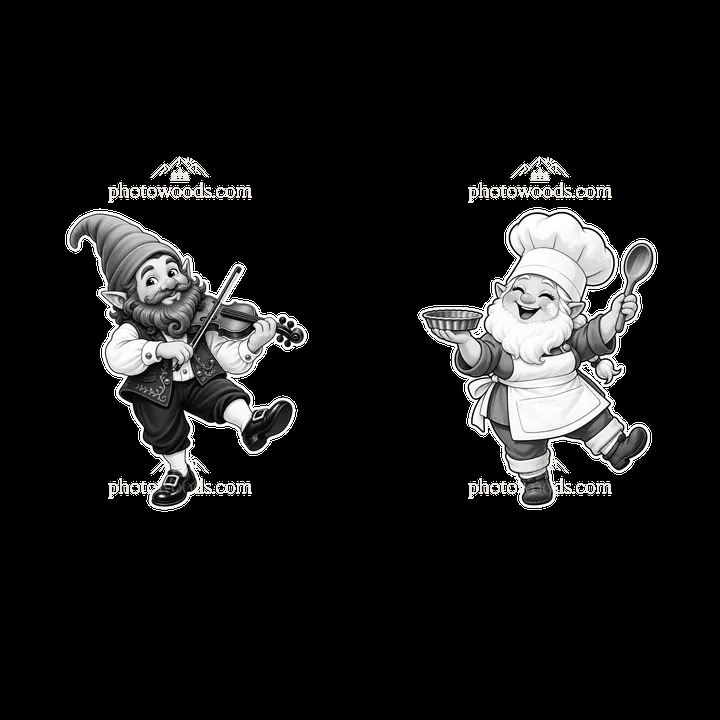 Gnomes playing music and cooking in a fun cartoon style - AI-generated stock image