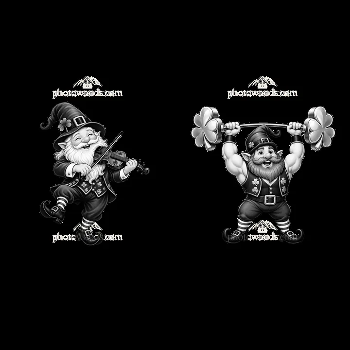 St. Patrick's Day gnome playing violin and lifting weights - AI-generated stock image