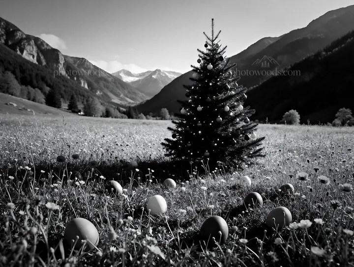 Decorated Christmas tree in mountain valley meadow - AI-generated stock image
