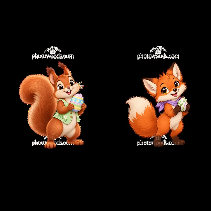 Easter themed cartoon squirrel and fox holding colorful eggs - AI-generated stock image