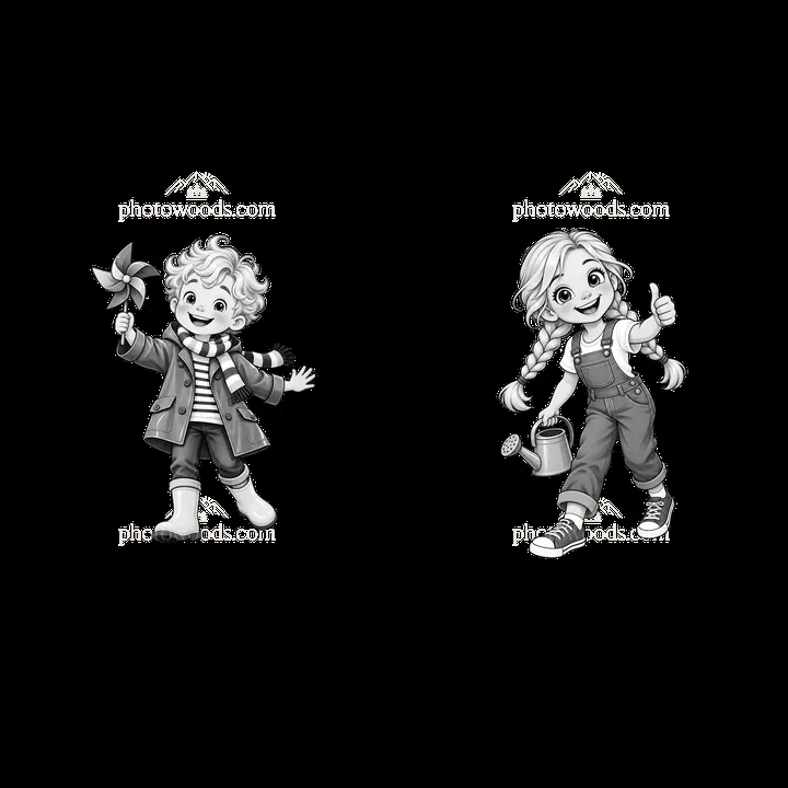 Blond children with pinwheel and watering can in black and white - AI-generated stock image