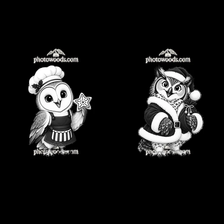Christmas owls with chef hat and Santa outfit stickers - AI-generated stock image