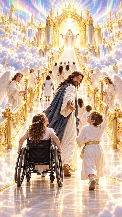 Jesus Christ welcoming children in a heavenly setting - AI-generated stock image
