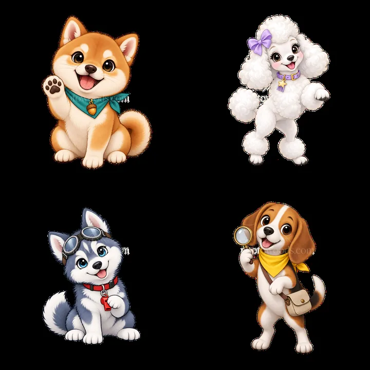 Cute cartoon K-9 dogs showing different expressions and poses - AI-generated stock image