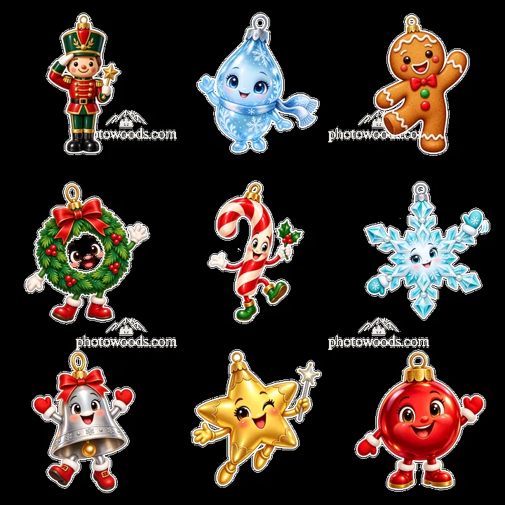 Christmas ornaments: gingerbread, snowman, star, and bell stickers - AI-generated stock image