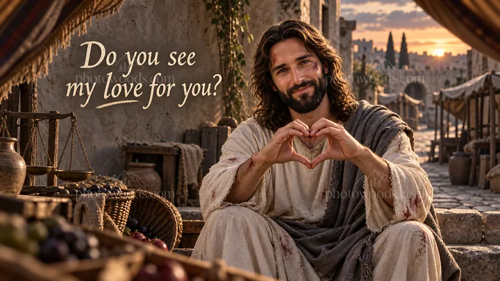 Jesus Christ showing love in a marketplace setting - AI-generated stock image