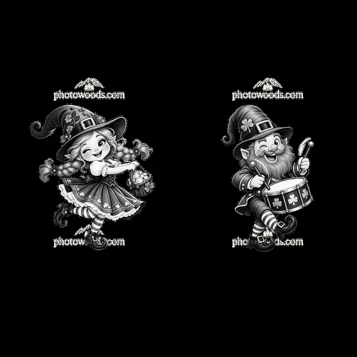 St. Patrick's Day gnome girl and gnome drummer in black-and-white - AI-generated stock image