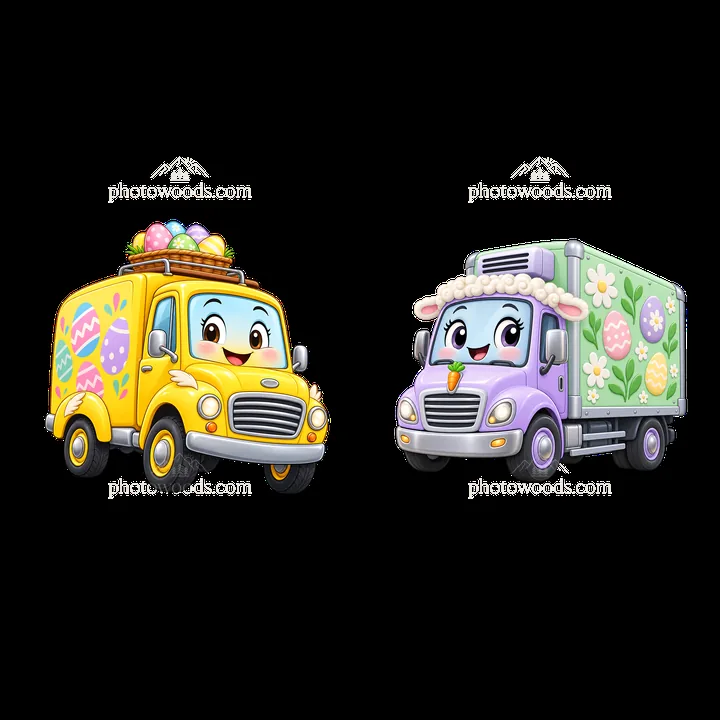 Easter trucks with colorful decorations and cheerful expressions - AI-generated stock image