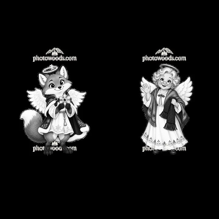 Christmas angel fox and girl characters in monochrome design - AI-generated stock image