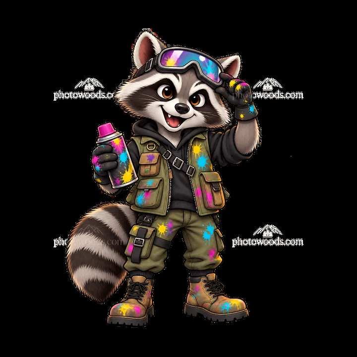 Raccoon graffiti artist with spray can and colorful outfit - AI-generated stock image