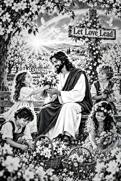Love in the orchard with children and jesus - AI-generated stock image