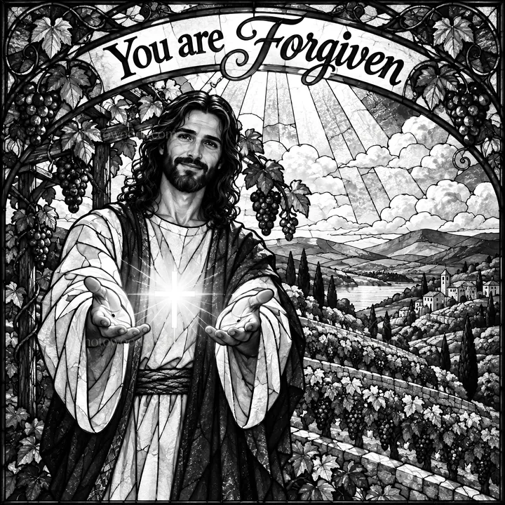 Jesus Christ welcoming with open hands and message of forgiveness - AI-generated stock image
