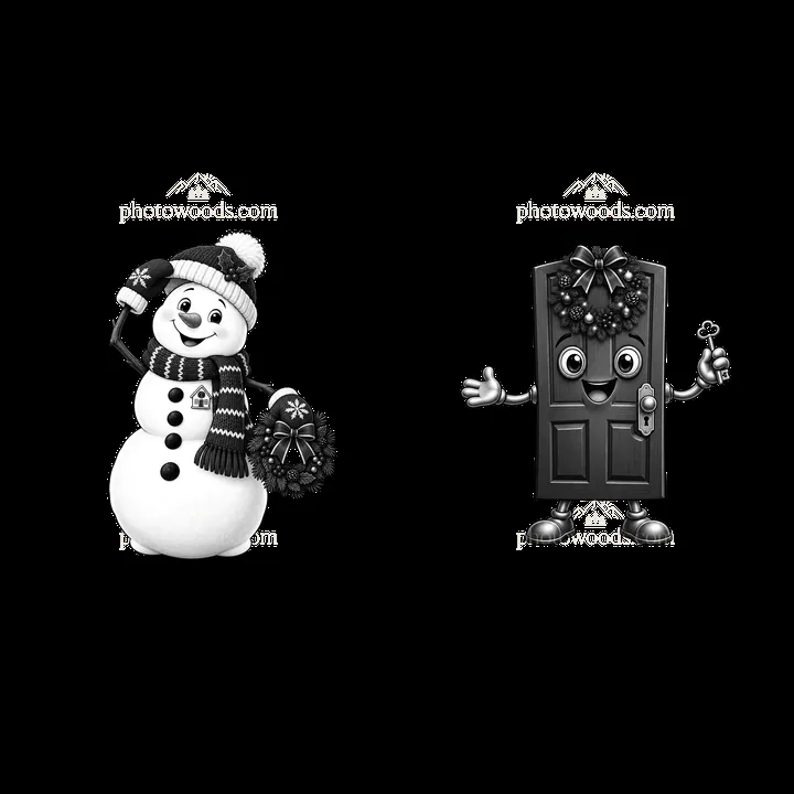 Snowman and smiling door character with Christmas accessories - AI-generated stock image