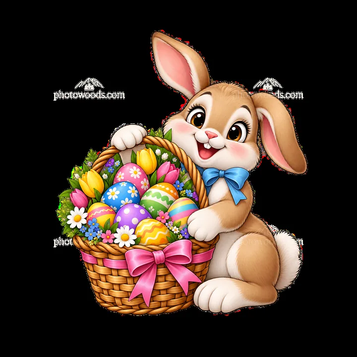 Cartoon bunny holding an Easter basket full of colorful eggs - AI-generated stock image