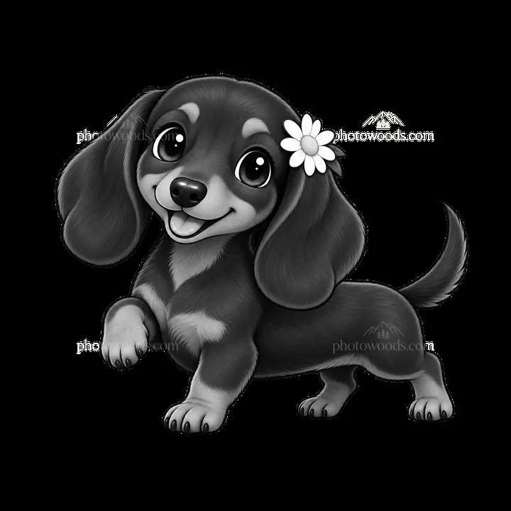 Cute cartoon dog with flower on its ear in black-and-white - AI-generated stock image