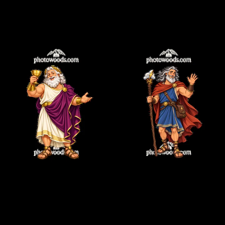 Zeus holding a goblet and another Zeus with a staff - AI-generated stock image