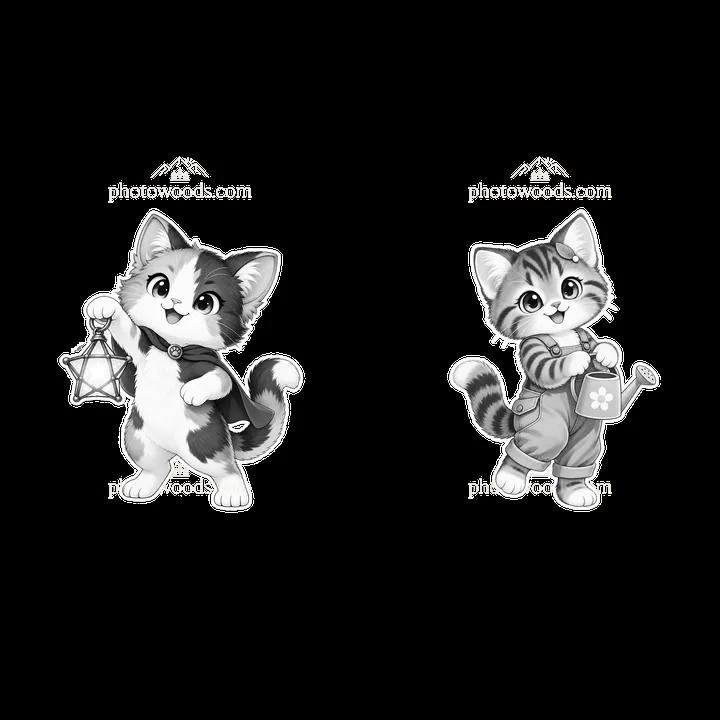 Cute kawaii cats with lantern and watering can in black and white - AI-generated stock image