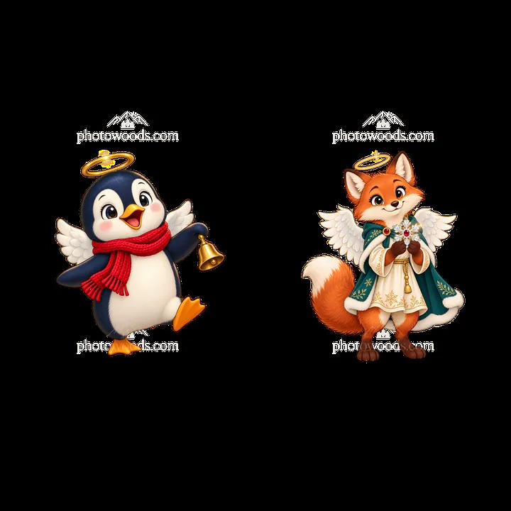 Christmas angel penguin and fox character stickers set - AI-generated stock image