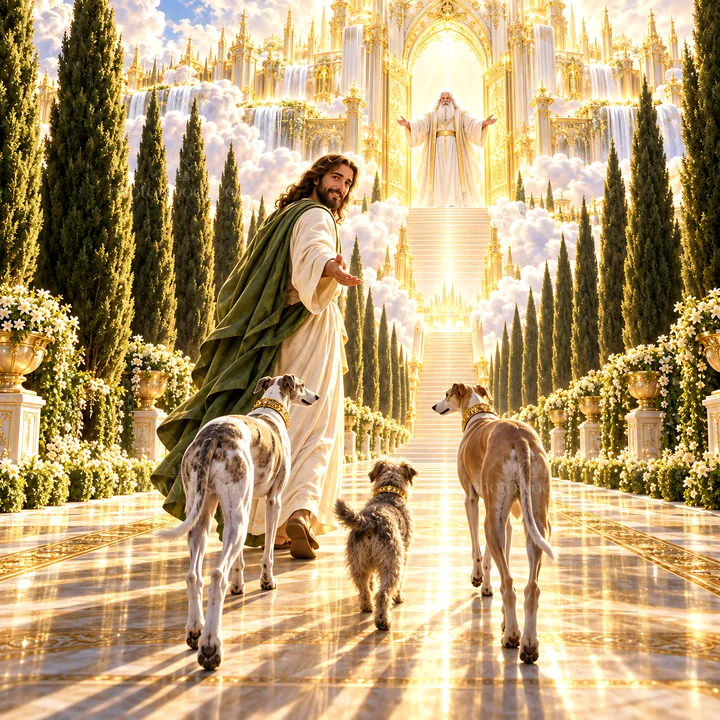 Jesus Christ walking with dogs in a heavenly garden - AI-generated stock image