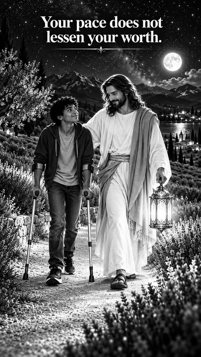Jesus Christ walking with a boy on a path at night - AI-generated stock image