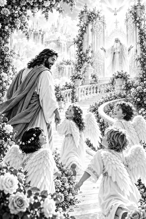 Jesus Christ guiding children in a garden of angels - AI-generated stock image