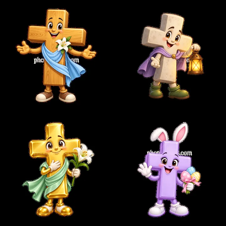 Easter cross characters celebrating with flowers and lanterns - AI-generated stock image