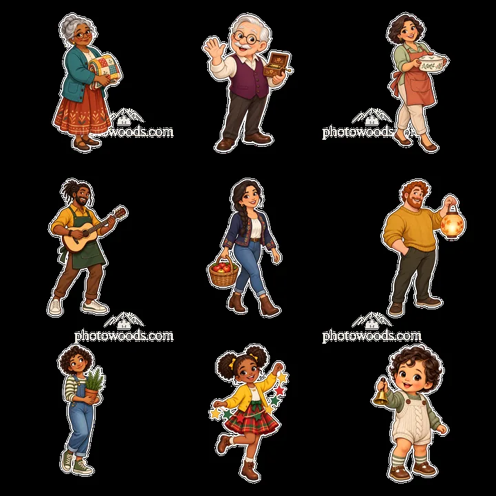Family members engaging in various activities in a grid layout - AI-generated stock image