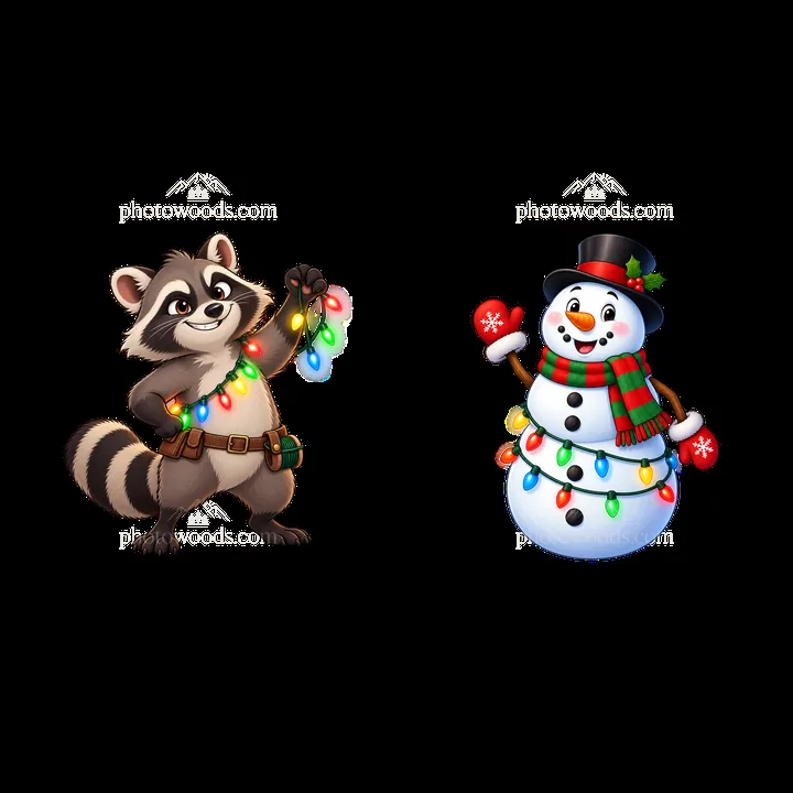 Raccoon and snowman holding string lights for holiday decoration - AI-generated stock image
