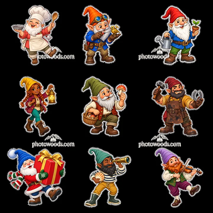 Gnome characters engaging in various activities in a 3x3 layout - AI-generated stock image