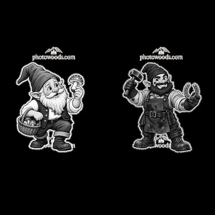 Two gnomes with basket and tools in black and white illustration - AI-generated stock image