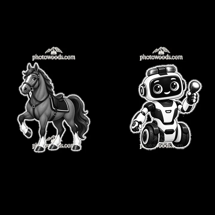 Cartoon horse and robot characters in monochrome design - AI-generated stock image