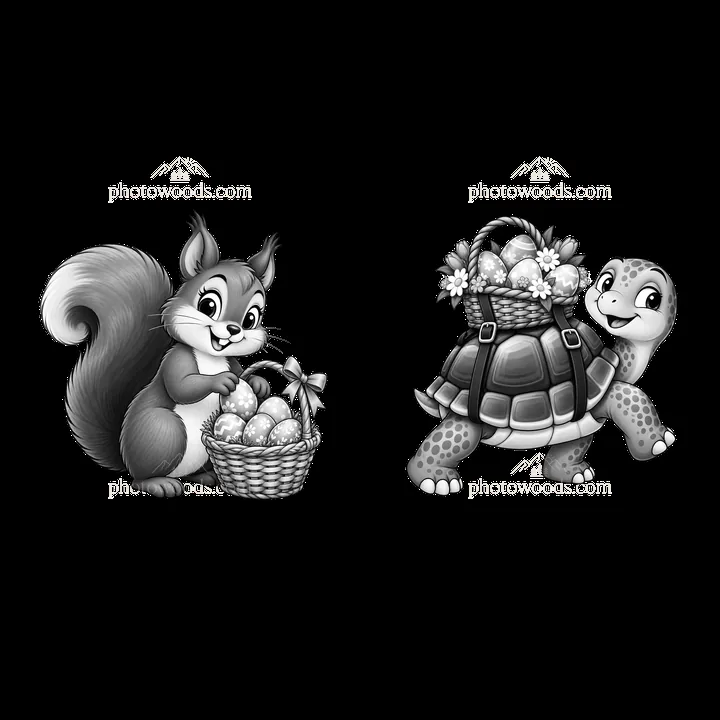 Squirrel and turtle with Easter basket and decorated eggs - AI-generated stock image