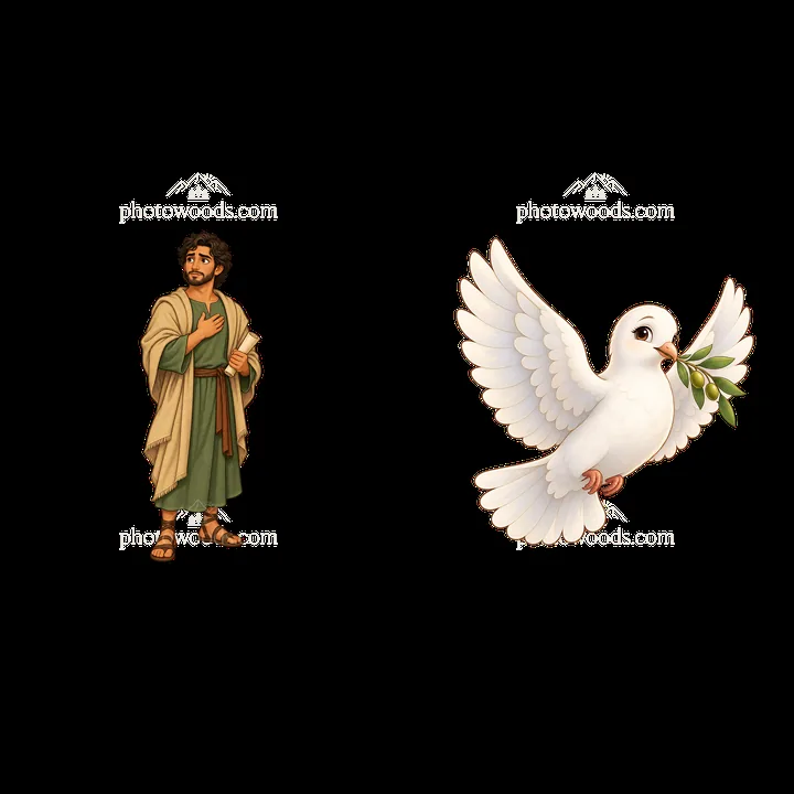 Jesus with olive branch dove cartoon sticker illustration - AI-generated stock image