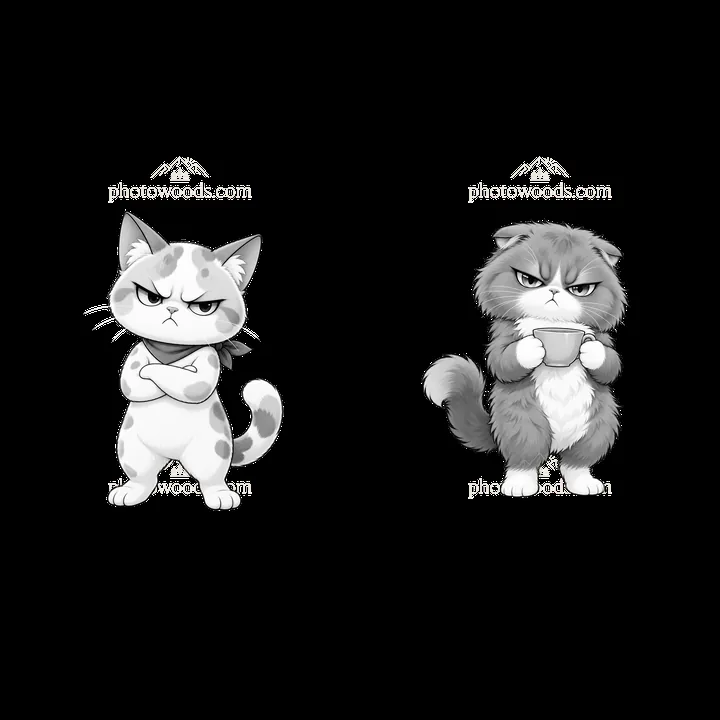 Kawaii grumpy cats with crossed arms and annoyed expressions - AI-generated stock image