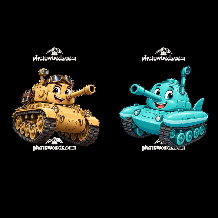 Cartoon tanks with smiling faces in a cheerful design - AI-generated stock image