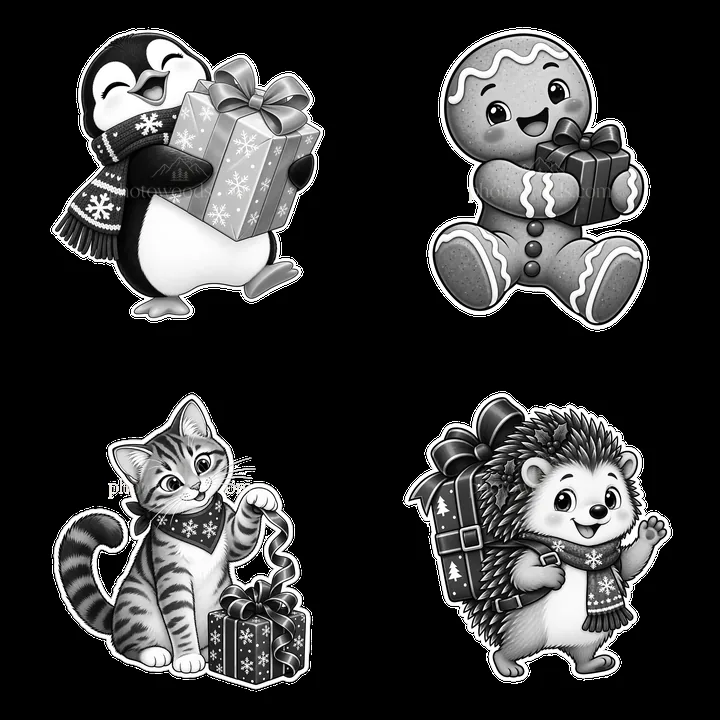 Christmas animals with gifts in a 2x2 arrangement - AI-generated stock image