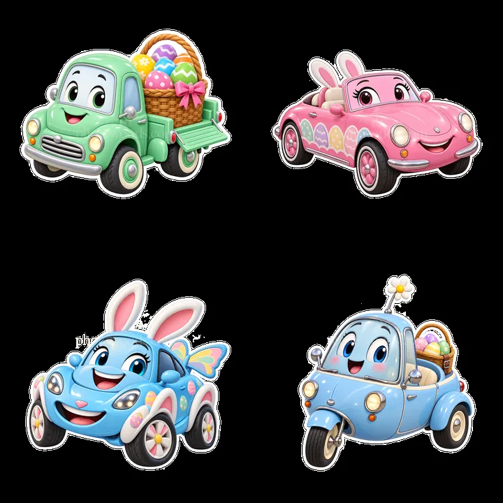 Easter parade with colorful cartoon cars and bunny characters - AI-generated stock image
