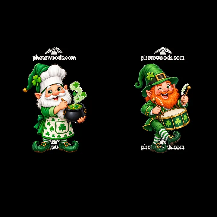 St. Patrick's Day gnomes with pot of gold and drum - AI-generated stock image