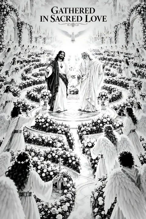 Gathered in sacred love scene with angels and figures - AI-generated stock image