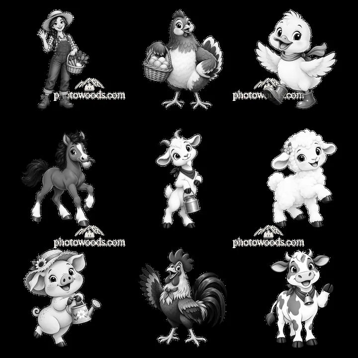 Farm animals and farmer collecting produce in black and white - AI-generated stock image